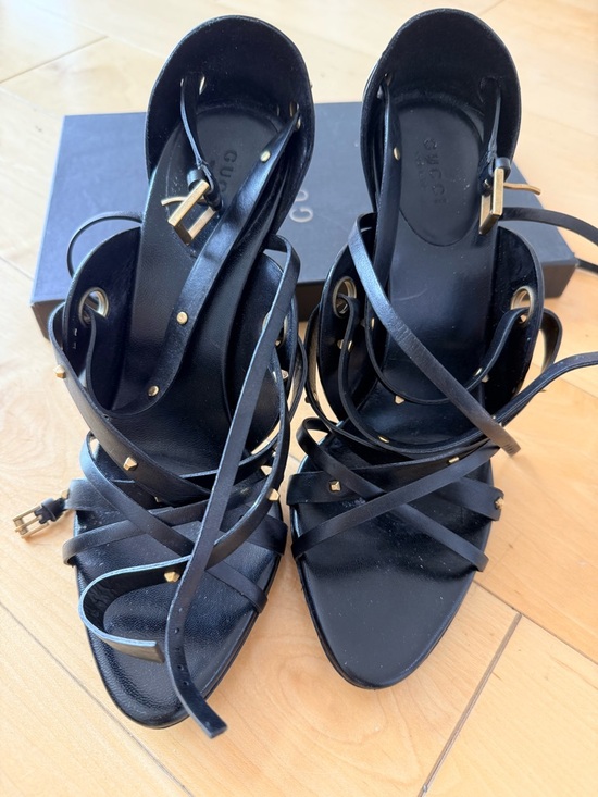 Gucci Shoes - Gucci Black Leather Studded Wrap Heels with Gold Accents very good condition